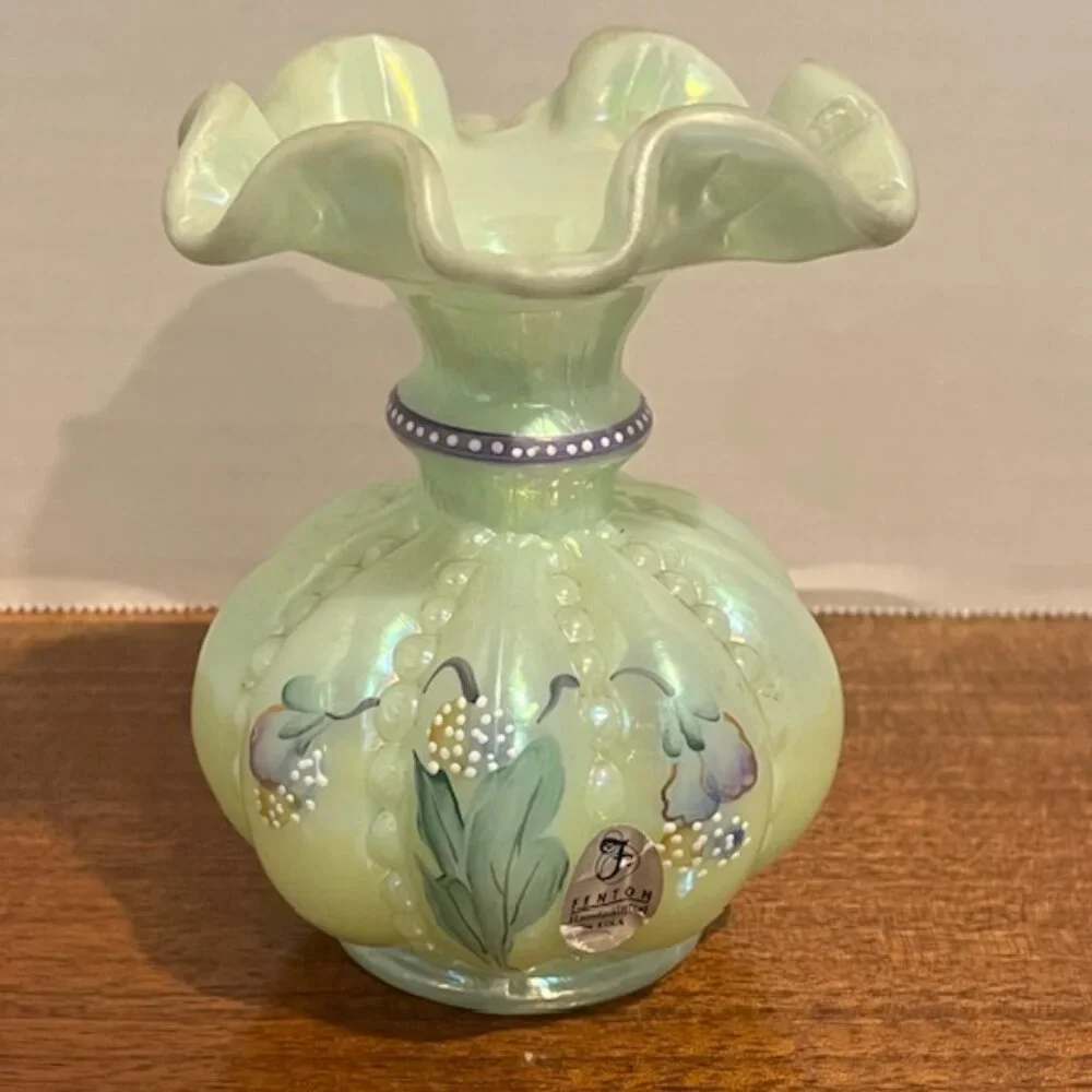 Fenton Iridized Sea Green Beaded Melon Pansies Vase Signed Frank & Tom Fenton